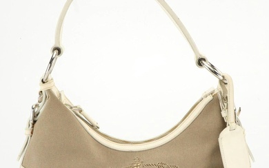 Prada Beige Jacquard Logo Shoulder Bag with White Leather Trim
