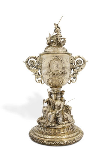 QUEEN VICTORIA'S GOLDEN JUBILEE: A MONUMENTAL VICTORIAN SILVER-GILT PRESENTATION CUP AND COVER MARK OF JOSHUA VANDER, LONDON, RETAILED BY ORTNER & HOULE, 1887