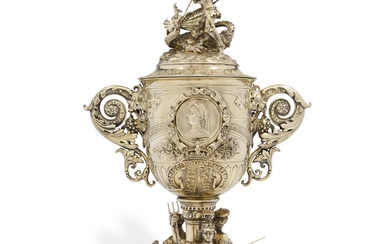 QUEEN VICTORIA'S GOLDEN JUBILEE: A MONUMENTAL VICTORIAN SILVER-GILT PRESENTATION CUP AND COVER MARK OF JOSHUA VANDER, LONDON, RETAILED BY ORTNER & HOULE, 1887