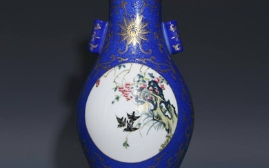 Qing Qianlong blue ground embossed openwork pastel flower and bird pattern Guan Er vase