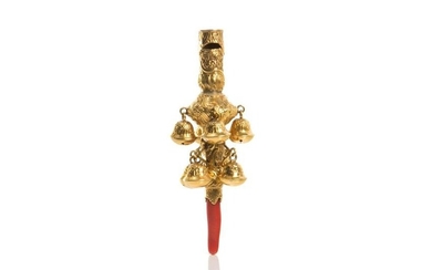 RARE GOLD & CORAL BABY'S RATTLE & WHISTLE, 66g