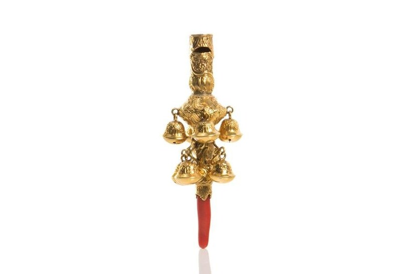RARE GOLD & CORAL BABY'S RATTLE & WHISTLE, 66g
