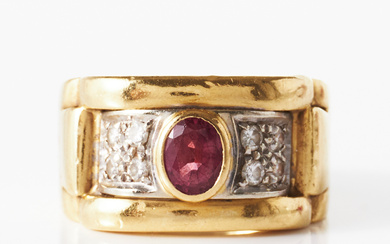 RING, 18 k gold, 1 oval cut ruby, 8 brilliant cut diamonds, total approx. 0,12 ct.