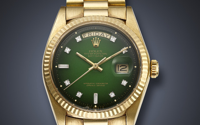 ROLEX, RARE YELLOW GOLD AND DIAMOND-SET 'DAY-DATE', WITH GREEN VIGNETTE DIAL, REF. 1803