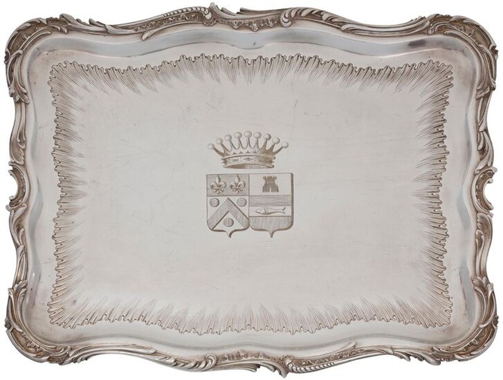 Rectangular shaped metal tray moulded with foliated scrolls...