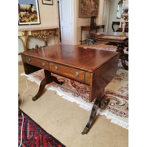 Regency mahogany and inlaid satinwood sofa table on brass ca...