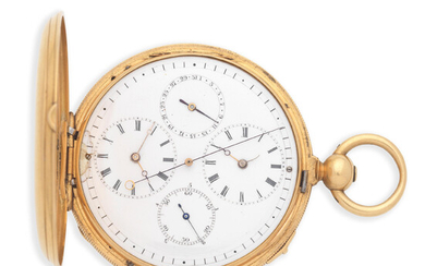 Reynaud & Ce, Geneve for Bennett, 65 Cheapside, London. A gold key wind full hunter pocket watch with dual time zone, calendar and stop/start seconds Circa 1830