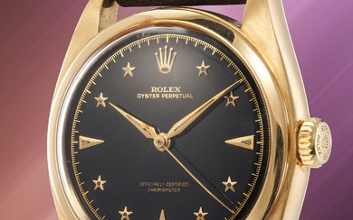 Rolex, Ref. 6098 A very rare and most attractive yellow gold wristwatch with black dial and star-shaped indexes