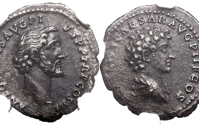 Roman Empire Antoninus Pius with Marcus Aurelius (Caesar) AD 140 AR Denarius NGC AU Strike: 4/5 Surface: 2/5; two bold portraits