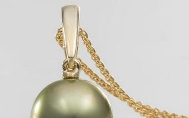 Round Special Jade Pistachio Tahitian Pearl - 14 kt. Yellow gold - Necklace with pendant