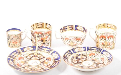 Royal Crown Derby, Imari pattern trio and three coffee cans