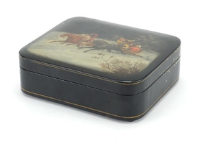 Russian black lacquered box by Fedoskino, the hinged lid han...