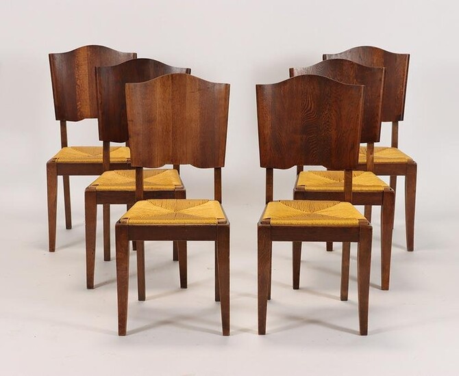SET OF 6 FRENCH OAK AND RUSH DINING CHAIRS C.1950