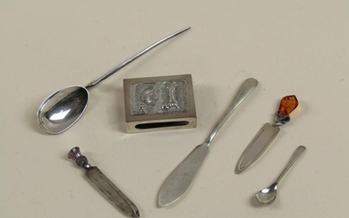 SILVER MATCHBOX HOLDER, TWO SPOONS, SLICE, TWO SILVER STONE ...
