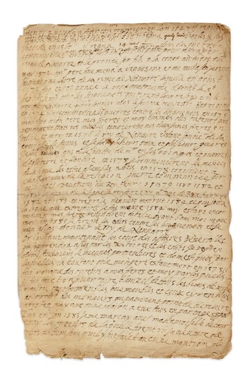SULLY, duc de. Manuscrit autographe. [Ca1598 ?]. 4 p. in-f°. Déboires de fortune quand il soutenait le futur Henri IV