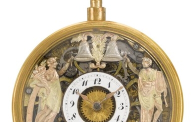 SWISS | A QUARTER REPEATING AUTOMATON WATCH WITH JACQUEMARTS IN LATER GILT-METAL CASE CIRCA 1800 AND LATER