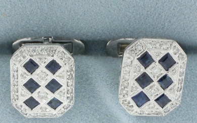 Sapphire and Diamond Harlequin Deco Design Cufflinks in 18k White Gold