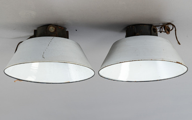 Schaco, pair of enamel industrial pendant lamps (2).