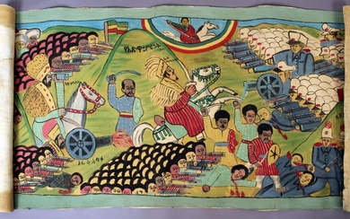 Scuola Etiopia prima metà del XX secolo, Battaglia Italo-Etiopica, olio su tela, 83x175 cm, (privo di telaio).