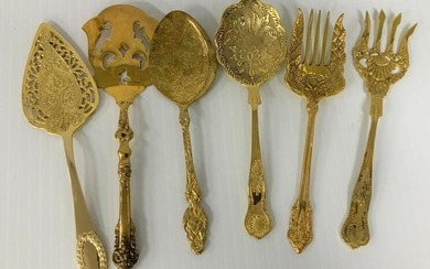 Set of (6) Ornate Gold Metal Serving Utensils
