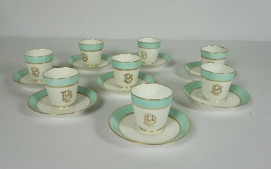 Set of Eight French Porcelain Coffee Cups and Saucers, Circa 1880, Gilt PB monogram within turquoise