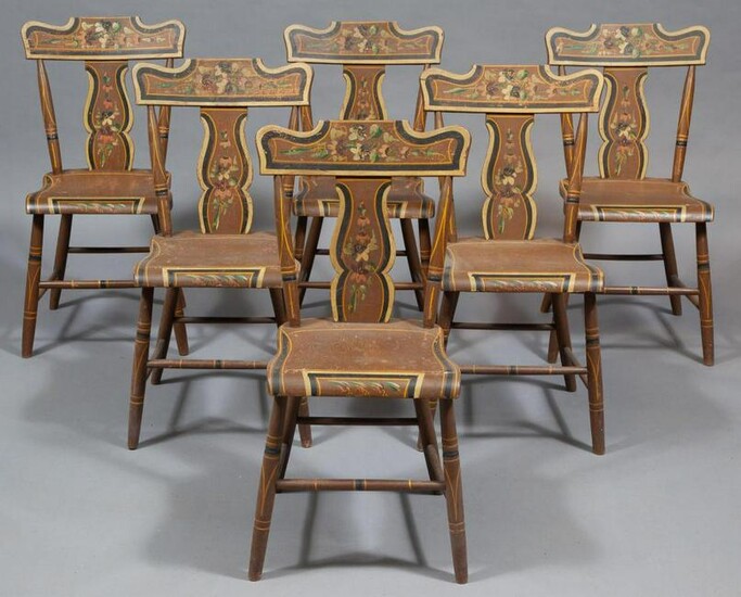 Set of Six Brown Painted and Decorated Plank Seat Side