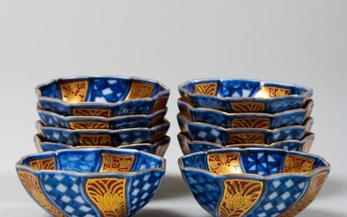 Set of Ten Japanese Blue and Red Porcelain Sake Cups