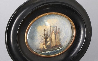"Ship at sea", miniature diorama 7 x 8 cm, in a brass and blackened wood frame, curved glass, Napoleon III period.14.5 x 12.5 cm