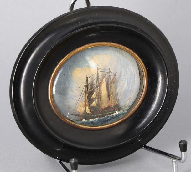 "Ship at sea", miniature diorama 7 x 8 cm, in a brass and blackened wood frame, curved glass, Napoleon III period.14.5 x 12.5 cm