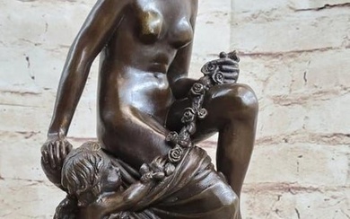 Signed Woman with Cherub Bronze Statue