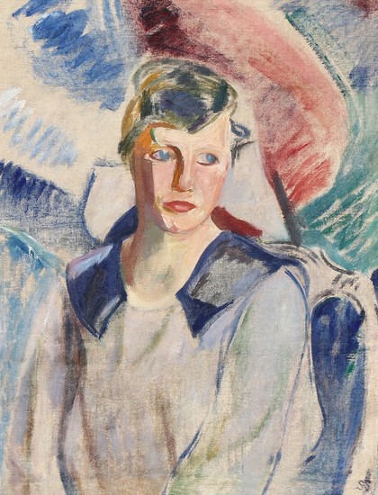 Sigurd Swane: Portrait of a woman in blue dress. Signed SS. Oil on canvas. 57×51 cm.