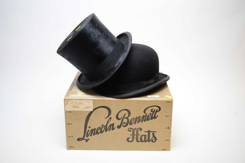 Silk top hat; and a gent's bowler hat.