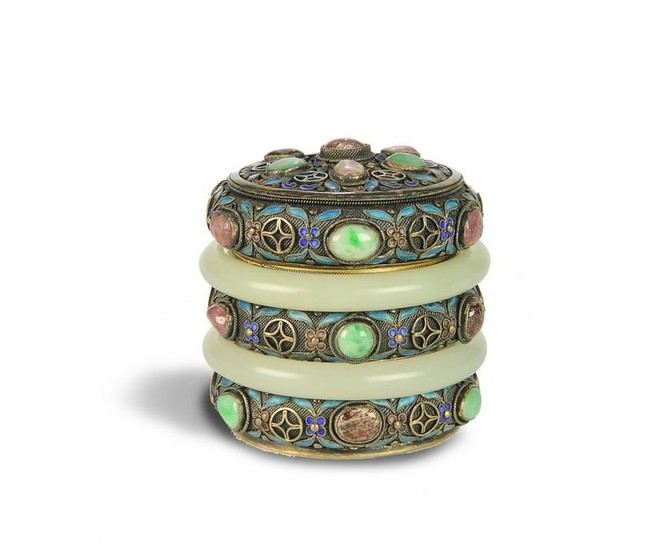 Silver Enameled Cylinder Box with 2 Jade Bangles