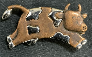 Silver Tone & Copper Tone Cow Brooch, Jewelry