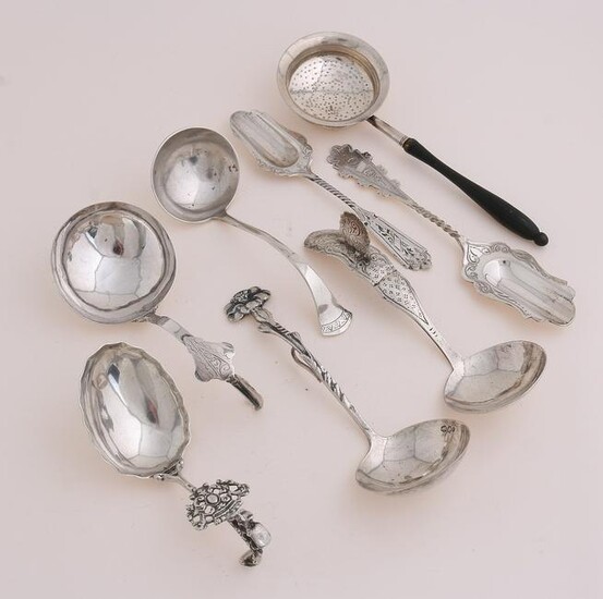 Silver cream and sugar spoons + sieve