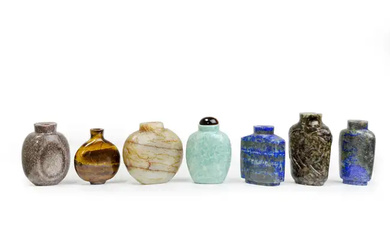 Six Chinese various hardstone and a jade snuff bottles Late Qing dynasty-20th...