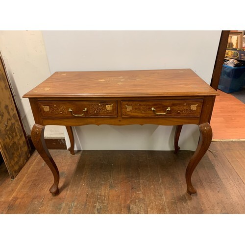 Solid wood table 2 drawer table with floral design brass inl...
