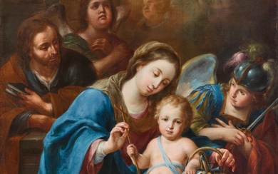 Spanish School 17th Century - The Holy Family with archangel