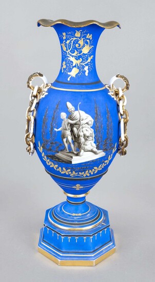 Splendid vase, German, 19th c., large amphora vase with cobalt blue background and rich partially