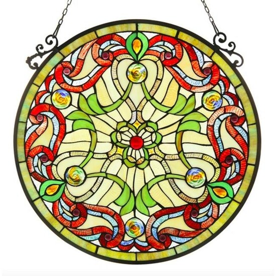 Stained Art Glass Jeweled Round Hanging Window Panel