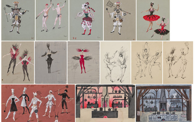 Stanislas Lepri (1905-1980) Maquettes de costumes (i à xii) et de décors (xiii et xiv) pour "L'Œuf à la coque"