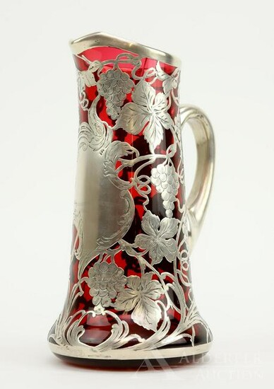 Sterling Silver Overlay Cranberry Glass Pitcher