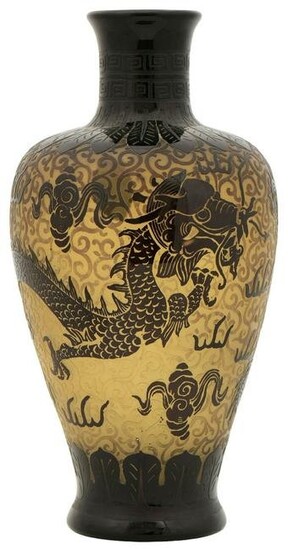 Steuben Acid Cut Back Glass "Dragon" Vase