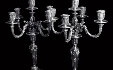 TETARD - TWO 19th CENTURY FRENCH 950 STERLING SILVER 5 CANDLE CANDELABRA, 1850-1899