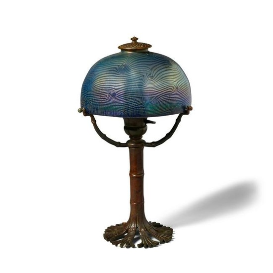 TIFFANY STUDIOS (1899-1930) Bamboo Desk Lampcirca 1910patinated bronze, damascene glass shade, s...