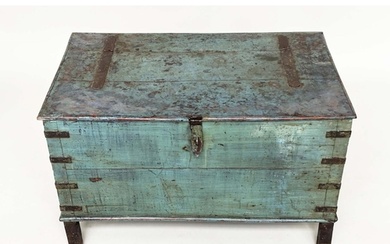 TRUNK, English 19th century blue painted elm and metal bound...