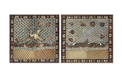 TWO CHINESE SILK EMBROIDERED RANK BADGES, BUZI 清十九世紀 刺繡文官六品鷺鷥紋方補