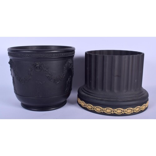 TWO WEDGWOOD BLACK BASALT JARDINIERES one with column base a...