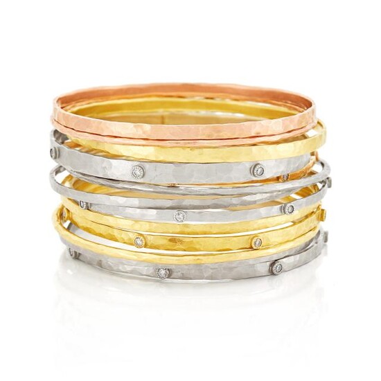 Thirteen Tricolor Hammered Gold and Diamond Bangle Bracelets