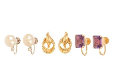 Three Pairs of 14K Pearl, Amethyst & Gold Earrings